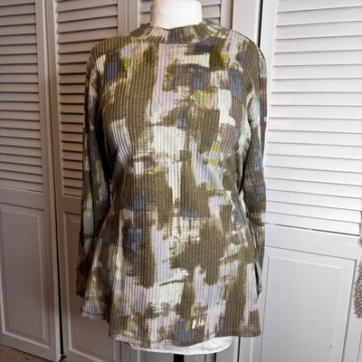 LOGO Lounge Plus Size 1X Green Abstract Print Cloud Waffle Mock Neck Top Comfy