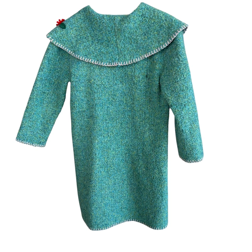 Little Mass Girls Green Floral Felt Applique Tweed Coat Size 6 - Image 4 of 4