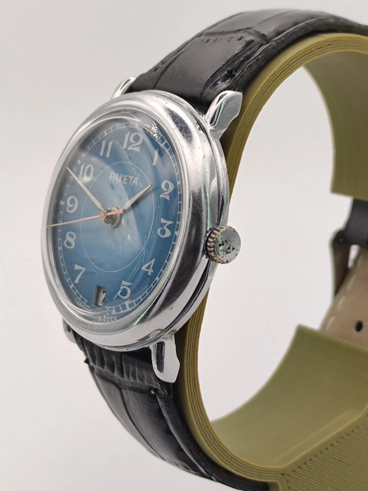 Reloj Hombre Vintage Raketa 2614 URSS Soviético Esfera Azul Fecha Árabe Clásico  Foto 4 de 4
