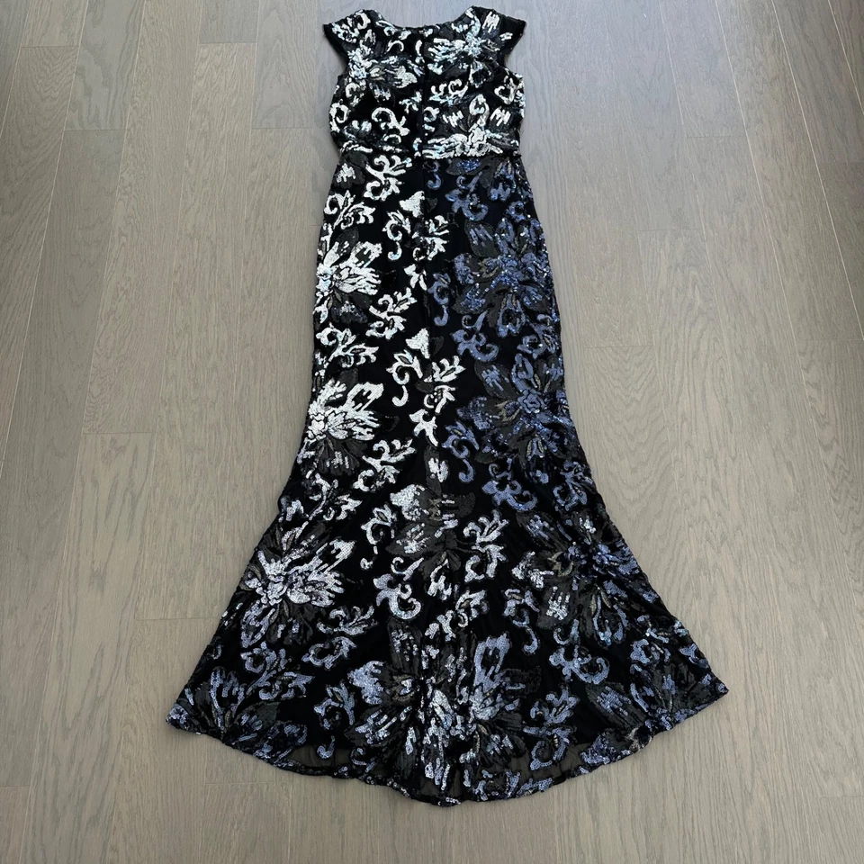 Платье Badgley Mischka Midnight Swirl с блестками рукавами-крылышками черное синее с цветочным рисунком размер 10 - Изображение 3 из 4