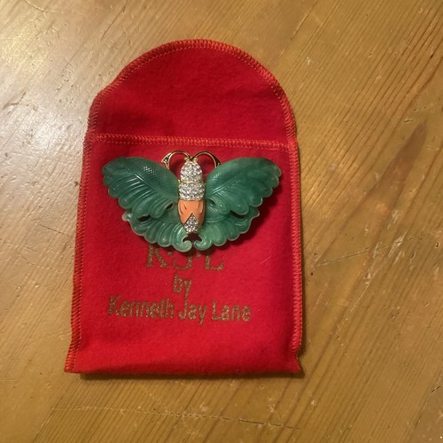 PreownedKJL Kenneth Lane Butterfly Moth Brooch Pin Vintage Faux Jade Rhinestone