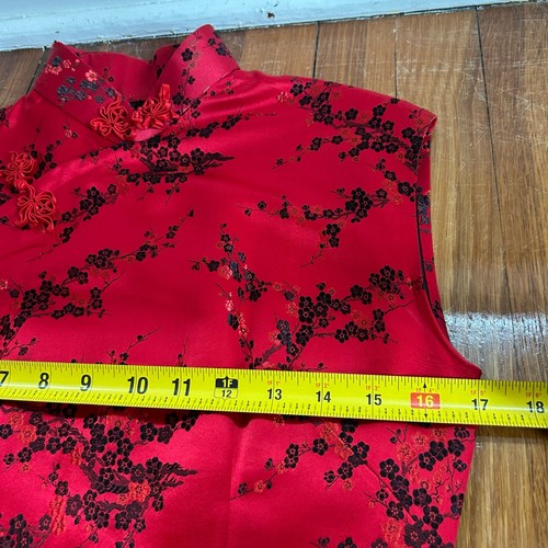 Vintage 1980s Chinese Brocade Cheongsam Dress Red/Black Satin Silk with Slip - Picture 14 of 17
