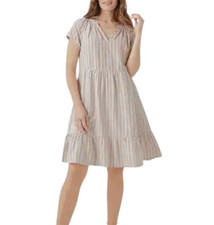 Pact Organic Coastal Double Gauze Tiered Dress Size XL Beige Stripe Throw And Go