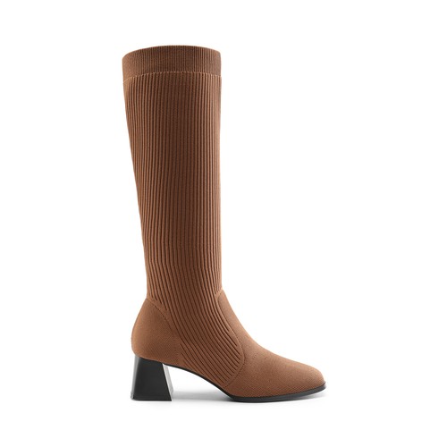 Women Low Block Heels Knit Breathable Water-Resistant Square Toe Knee High Boots - Picture 21 of 24