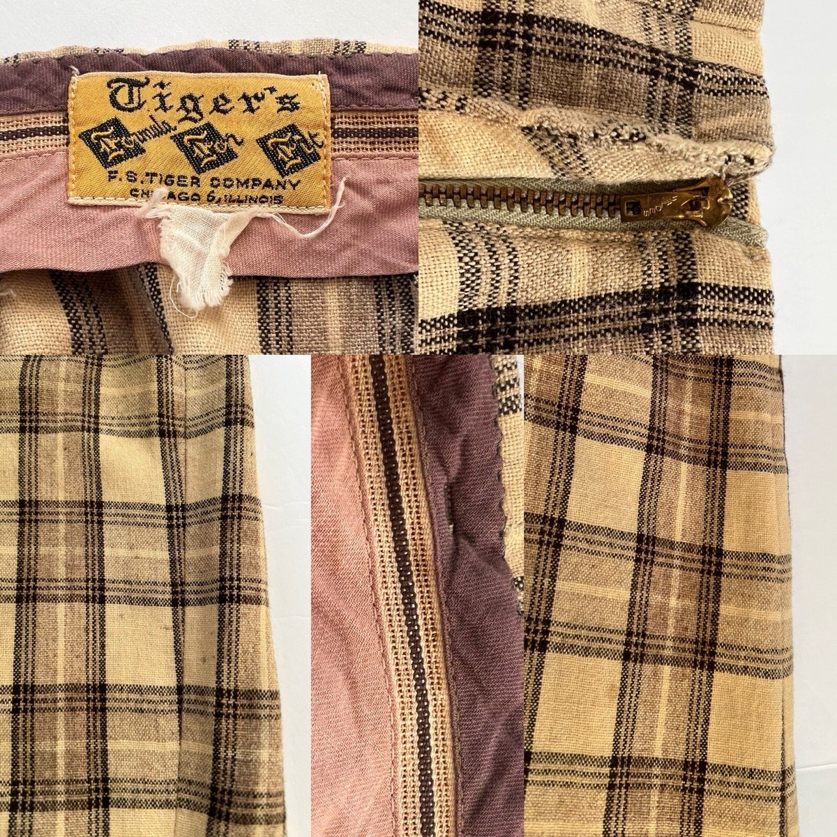 Vintage 1950s Brown Wool Plaid High Rise Trousers Slacks Pants
