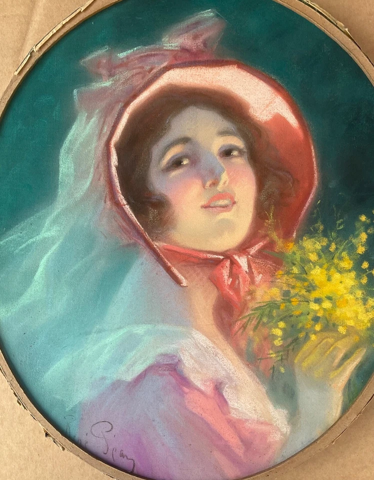 RENÉ PÉAN SUPERBE PASTEL ORIGINAL 1910/20 PORTRAIT JEUNE FEMME FLEURS MIMOSAS - Photo 2/4