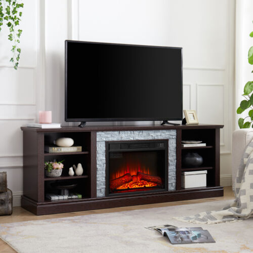 Large TV Desk Storage Rack with Faux Stacked Stone Surround,Media Console Table - Picture 3 of 11
