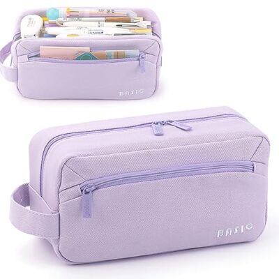 Large Capacity Pencil Case 3 Compartments, Portable Pencil Case with Purple