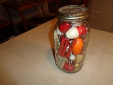Vintage Wood, Cork Plastic, Homemade Fishing Floats Bobbers in 1/2 Gal. Ball Jar