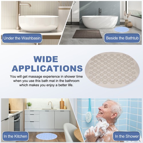 21.65 x 21.65" Round Non-slip Shower Mat with Suction Cup & Drain Hole, Khaki - Picture 7 of 7