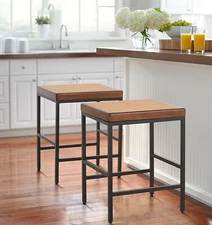 24" Bar Stools Set of 2 Counter Height with Rattan Seat Backless Modern Barstool