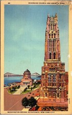 Riverside Church Grants Tomb Washington Bridge NYC Linen Postcard UNP VTG Unused