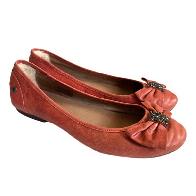 UGG Coral Pink Leather Rohen Crystal Bow Ballet Flats Shoes 8