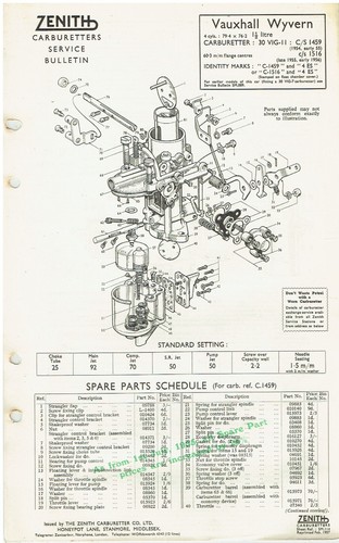 VAUXHALL WYVERN EIX 1954-56 : ZENITH 30VIG-11 CARB SERVICE BULLETIN/PARTS LIST