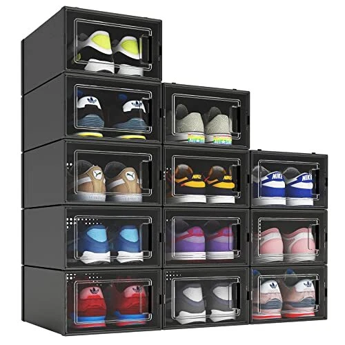 MELDEVO 12 Pack Shoe Organizer Boxes, Black Plastic Stackable Shoe Storage  Bi