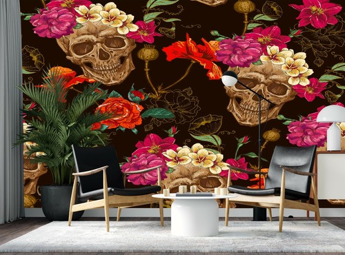Wallpaper Skull Photo Wallpaper Skull with Roses GIANT WALL DECOR PAPER POSTER - Imagen 2 de 7