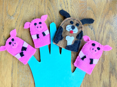 Three Little Piglets Finger Puppets Set 4 pcs rustic wolf pigs felt home theater