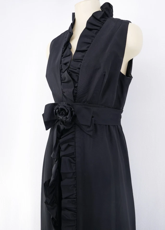 VESTIDO PALAZZO JUMPSUiT MAXi vintage años 60 70 tafetán negro con volantes Foto 3 de 4