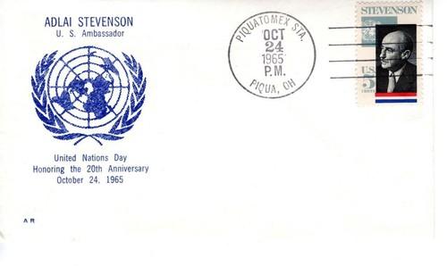 Cacheted cover, Scott #1275, Stevenson, UN Day, Piqua, OH 2nd day cancel, 1965