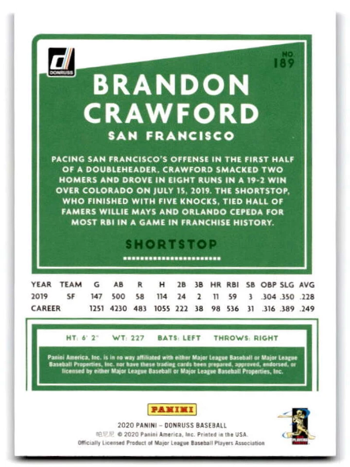 2020 Donruss Holo Purple #189 Brandon Crawford  San Francisco Giants Baseball  - Image 2 of 2