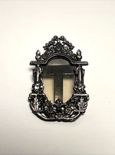 Vintage Mini Picture Frame Brooch Pin Fleur de Lis Silver Metal Jewelry 1.75"