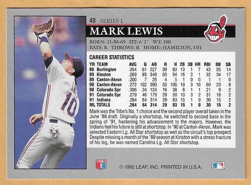 Mark Lewis Cleveland Indians #49 - hoja casi nueva - como nuevo 1992 - Imagen 2 de 2