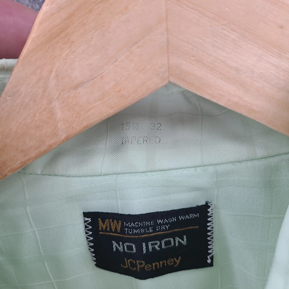 Vintage JC Penny Shirt Mens 15.5 Green Window Pane 70s Button Up Long Sleeve - Image 3 of 4