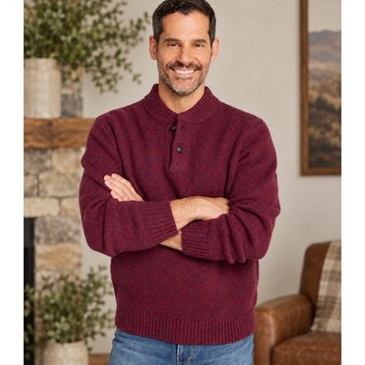 LL Bean Henley Sweater Mens XL Burgundy 100% Lambswool Mock Neck 285174