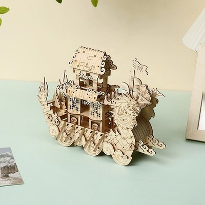 3D DIY Wooden Puzzle Loong Boat 121pcs Building Model Jigsaw for Adult Gift