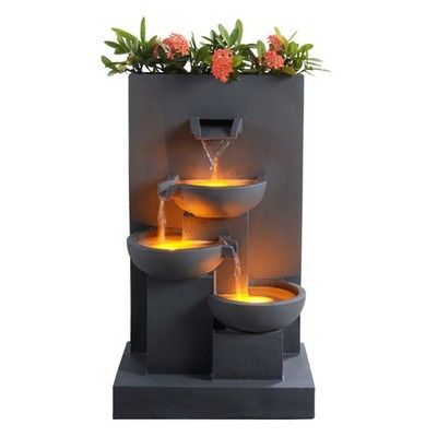 Outdoor Water Fountain with 3-Tiers, LED Lights, Planter, Matte Gray