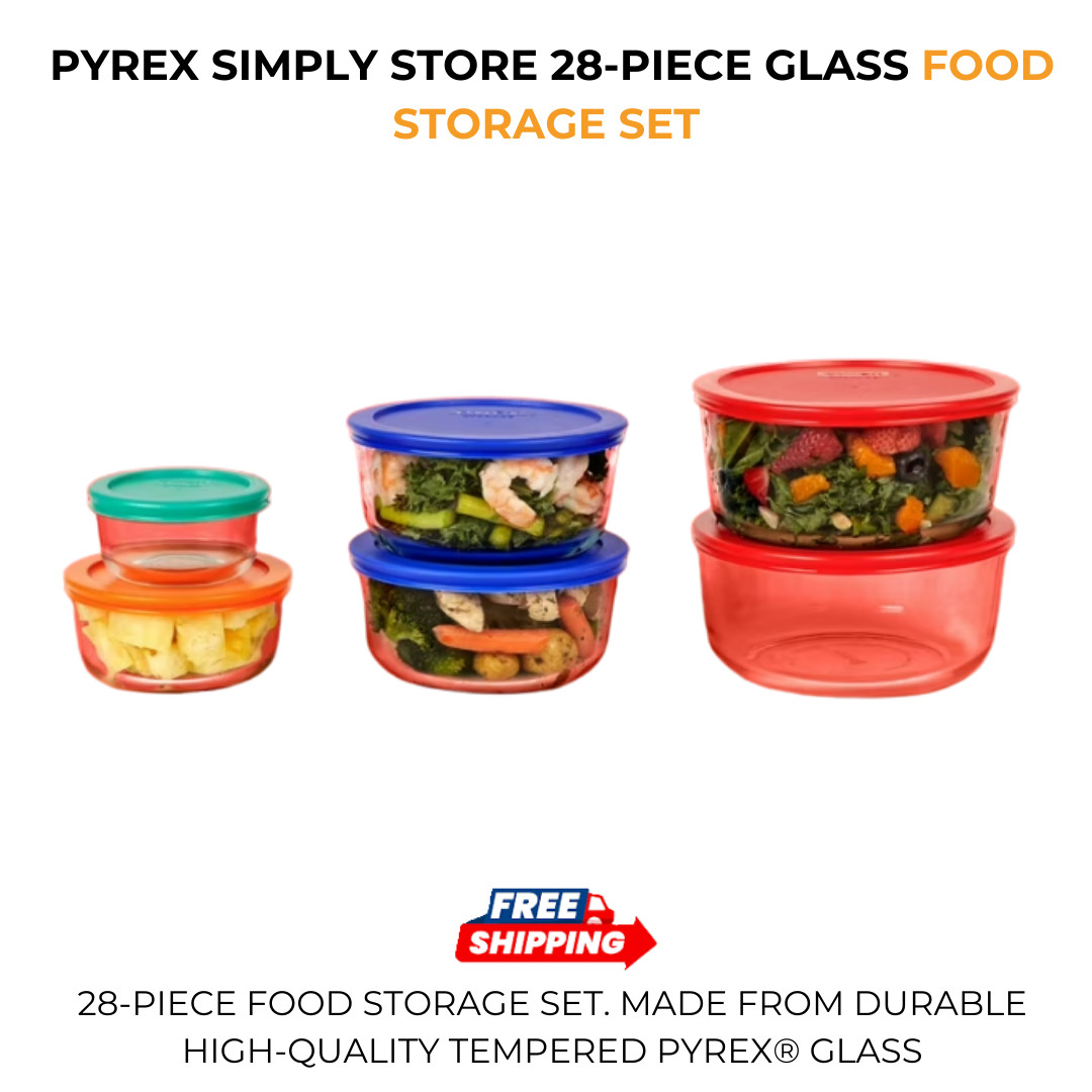Pyrex Simply Store 28-Piece Glass Food Storage Set Durable Leak Proof Lids