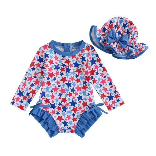 Toddler Girl 4Th of July One Piece Swimsuit Rash Guard Beachwear Ruffle Baby ...