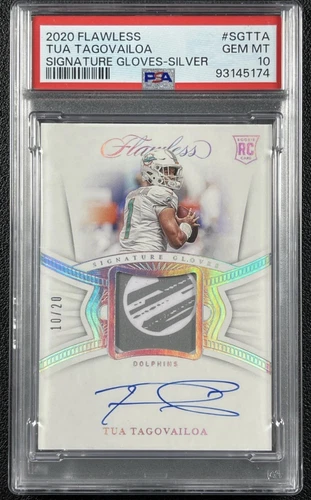 TUA TAGOVAILOA PSA 10 GEM MINT 2020 FLAWLESS ROOKIE GLOVES SILVER PATCH AUTO /20