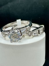 ladies ring set solitaire baguettes silver size j, t wedding band 2pcs 6X014