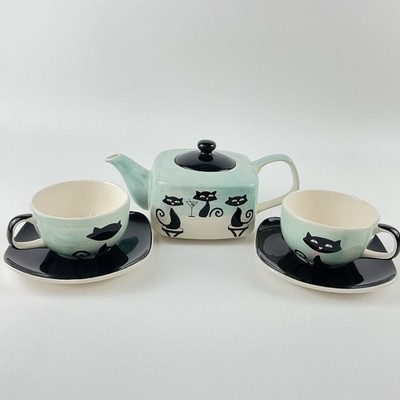 Hues N Brews Cattitude Siamese Cats Teapot Aqua Black Paws Coffee Tea Cup Set