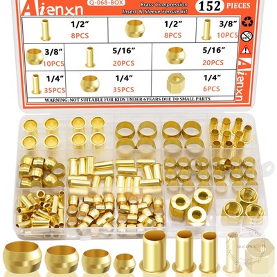 152PCS 4 Sizes Brass Compression Fittings Assortment kit- 1/2'', 3/8'', 5/16'' 1/4''