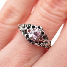 925 Sterling Silver Vintage Lavender C Z Floral Oxidized Ring Size 4.5