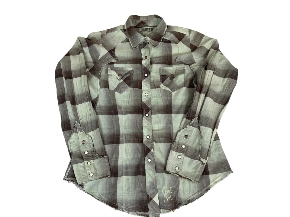 Cruel Girl Shirt Women's Size L Green Plaid Pearl Front Snap Distressed Rodeo - Image 3 of 4
