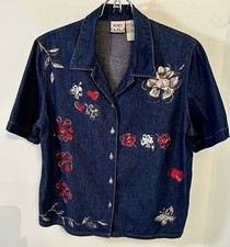 VTG Koret City Blues Women's M Denim Cotton Button Up Painted Flowers Hearts SS
