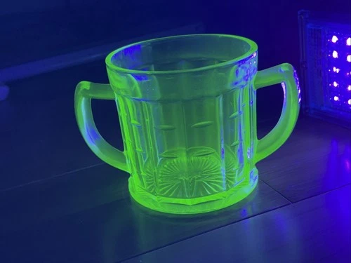 Two Handled Hazel Atlas Uranium Glass Creamer and Sugar Bowl NO LID