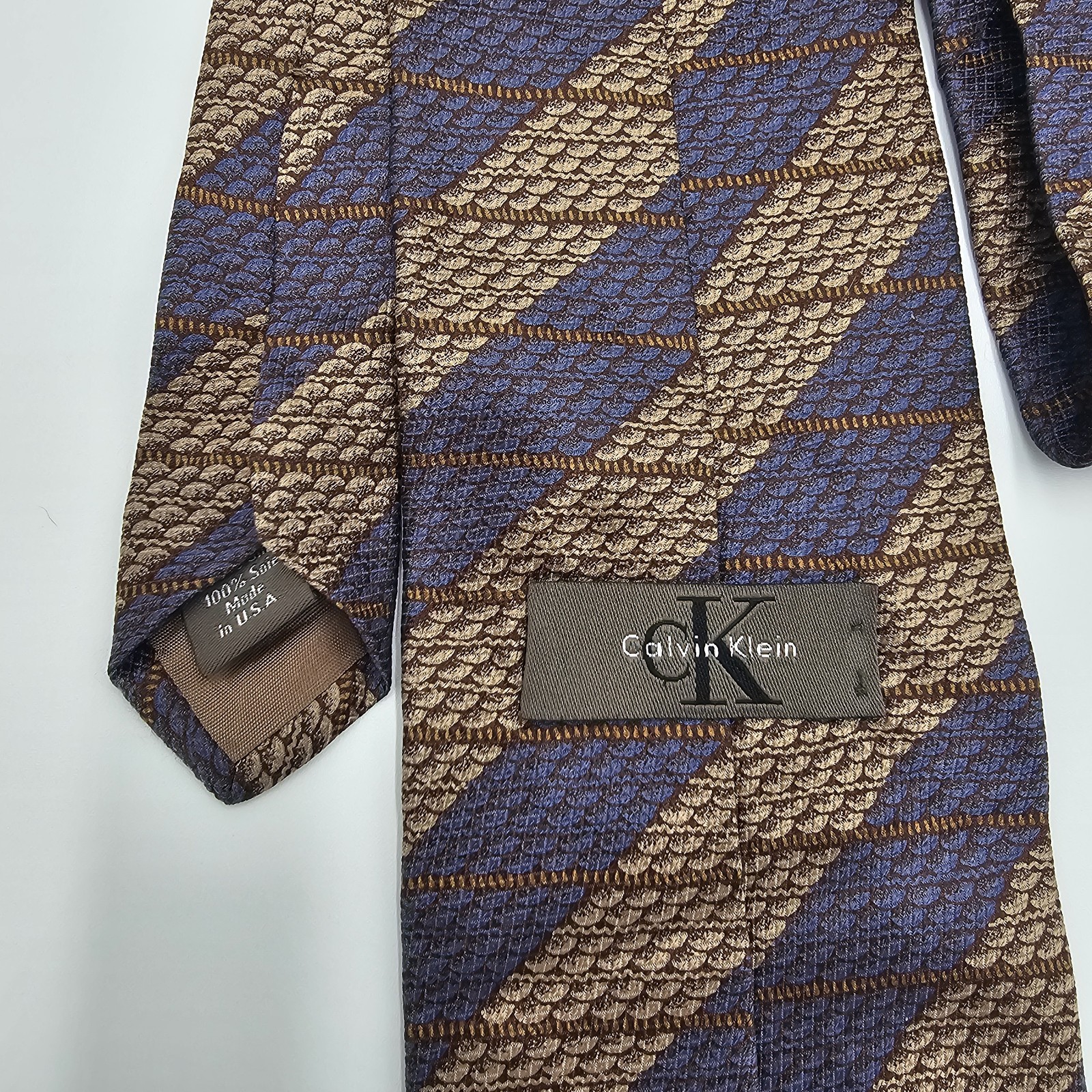 Vintage Calvin Klein 100percent Silk Tie Brown Blue Textured Diagonal Stripe Made...
