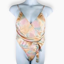 Shirley of Hollywood Bodysuit Medium Teddy High Cut Lingerie Tie Belt Pink Peach