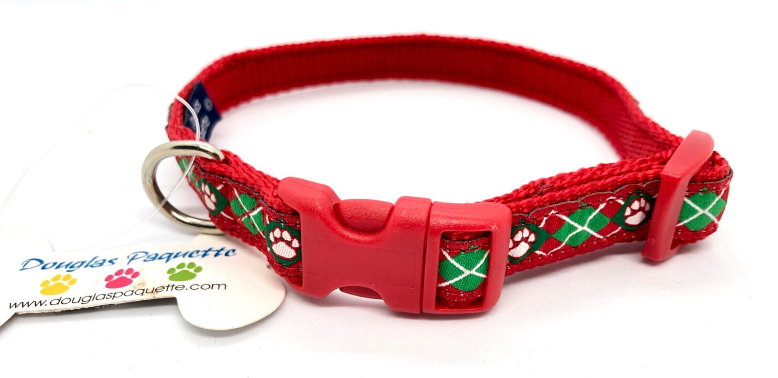 Red Argyle Dog Collar, Small, Douglas Paquette, Adjustable, NEW, FREE