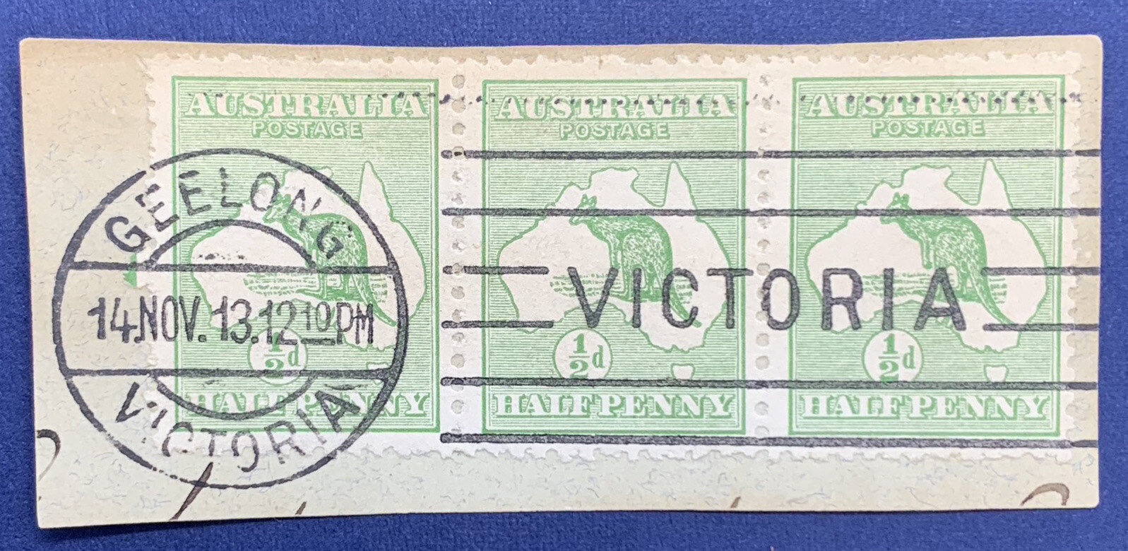 1914 AUSTRALIA GEELONG VICTORIA CANCEL ON KANGAROO STAMPS