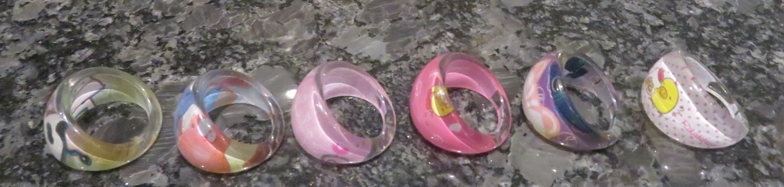 Set of 6 Resin Murano Style Childs Rings Different Colours, Patterns.