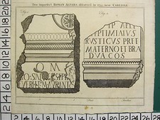c1760 ANTIQUE PRINT ~ REMAINS OF ROMAN ALTARS FOUND IN (1755) CARLISLE