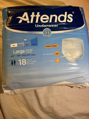 ATTENDS Adult UNDERWEAR Diapers LARGE Heavy 44 - 58  18ct Soft, No leak/Odor
