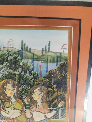 インドオールド 板絵 Vintage 20th Century Indian Painting on Silk With Figures