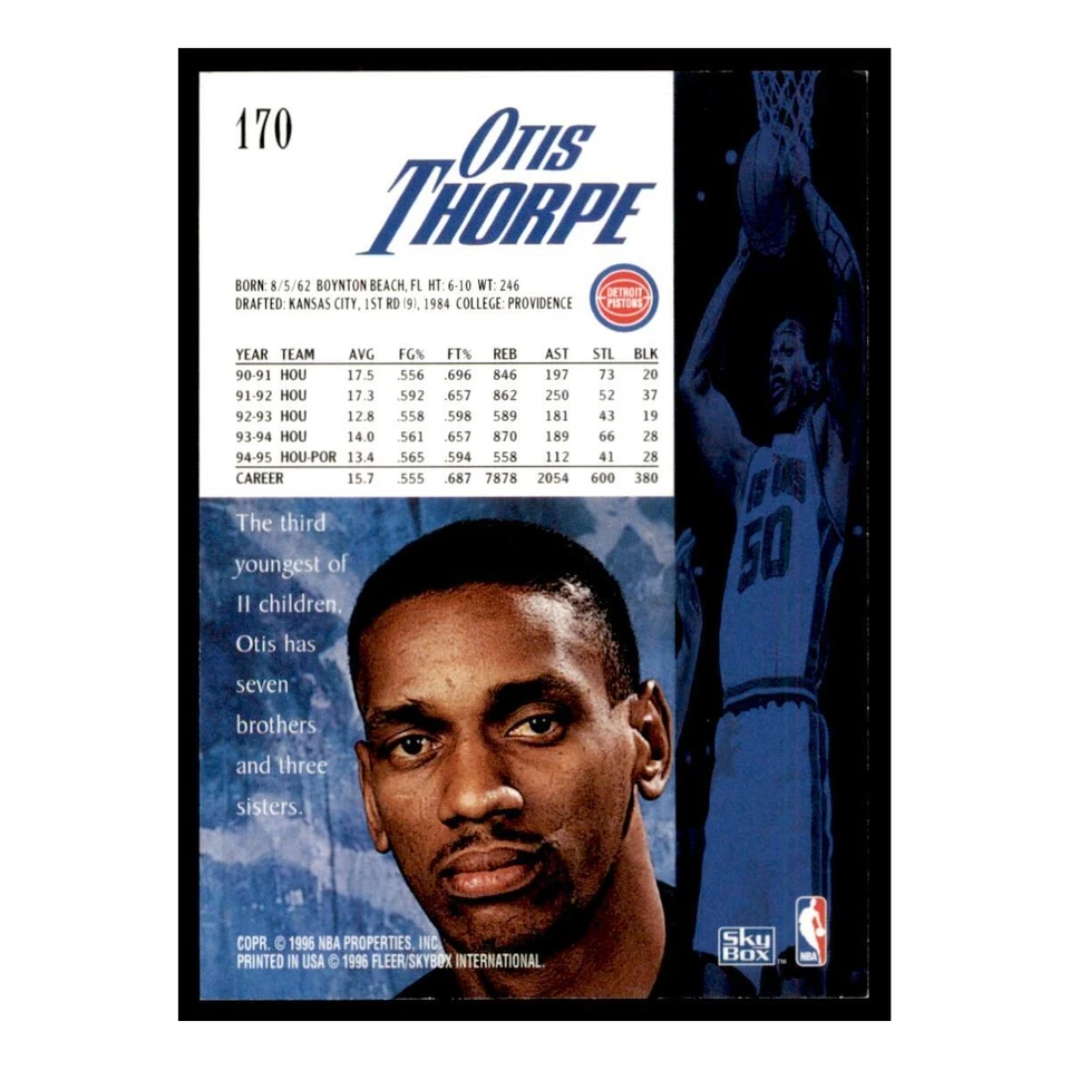 1995 SkyBox Premium #170 Otis Thorpe Detroit Pistons Basketball Card - Image 2 of 2