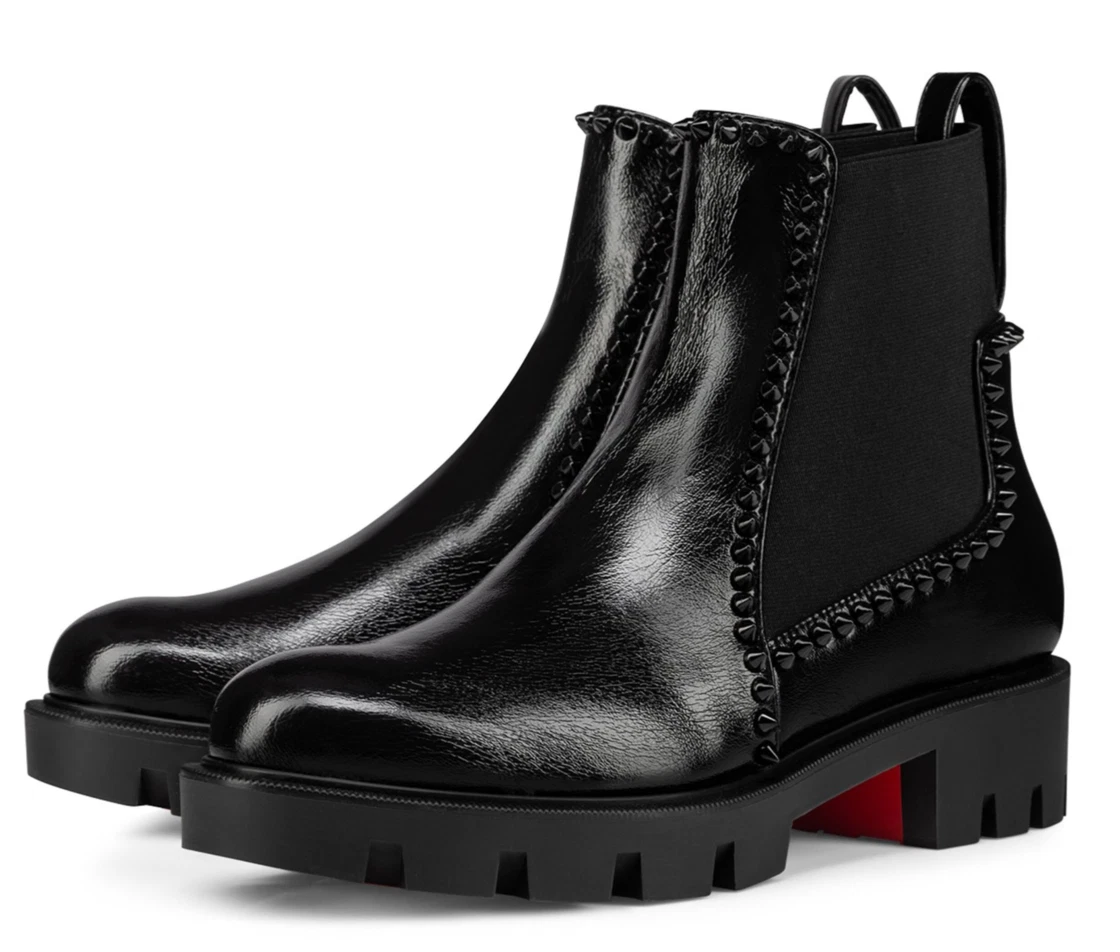 Christian Louboutin Out Lina Spike Lug Flat Black Patent Chelsea